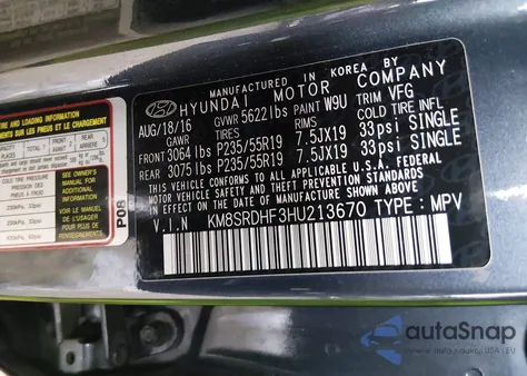 2017 Hyundai Santa Fe Se Ultimate from USA, damaged, VIN KM8SRDHF3HU213670